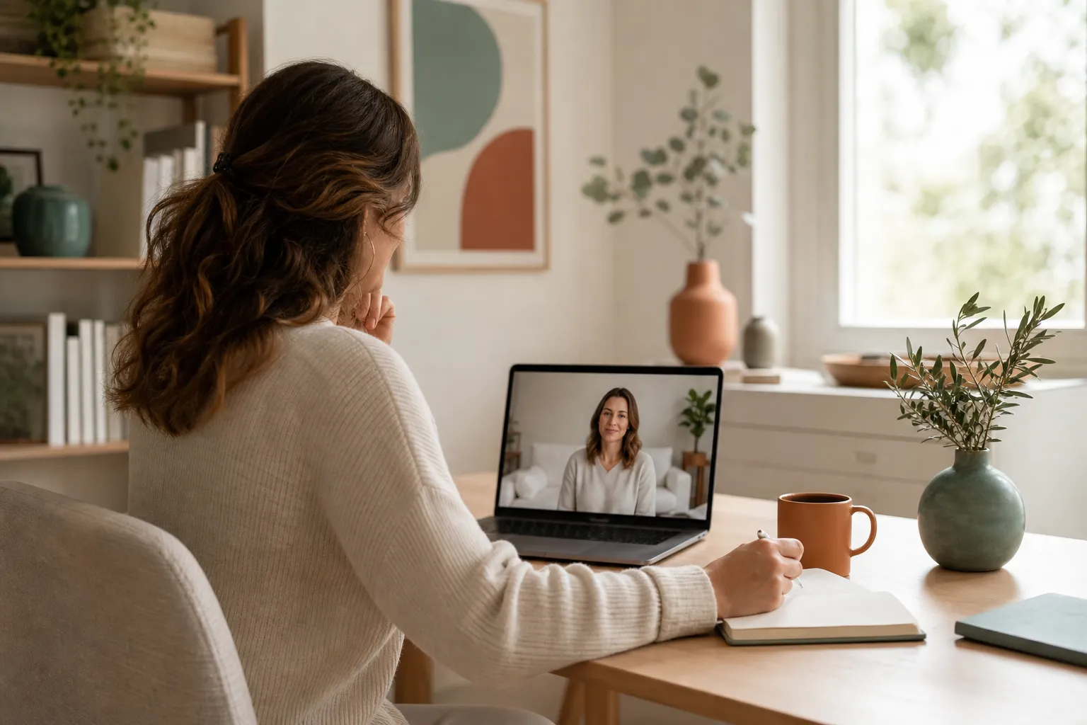 A professional taking an online hypnotherapy session at a laptop